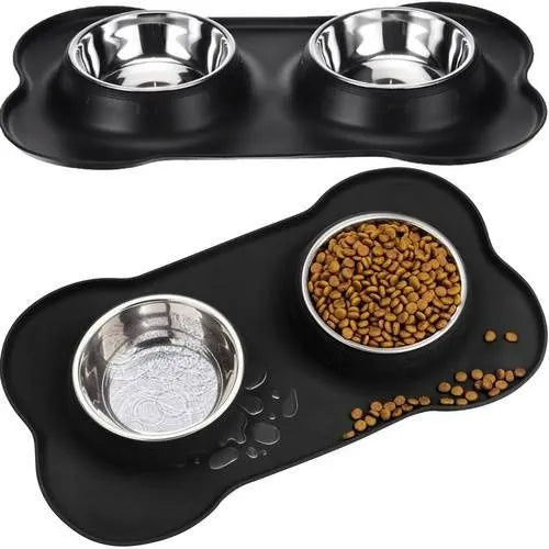 Dubbele Voerbak Hond 2 x 450 ml – RVS Voer- & Drinkbak met Siliconen Antislipmat