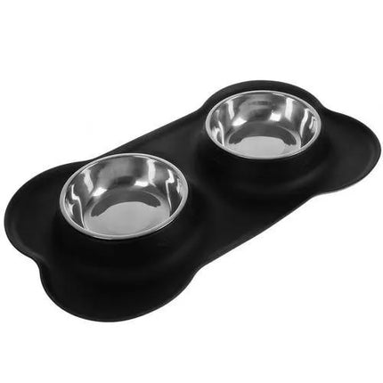 Dubbele Voerbak Hond 2 x 450 ml – RVS Voer- & Drinkbak met Siliconen Antislipmat