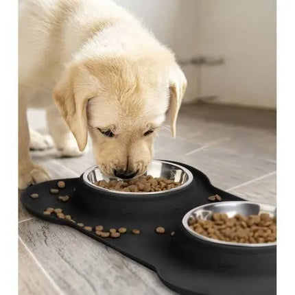 Dubbele Voerbak Hond 2 x 450 ml – RVS Voer- & Drinkbak met Siliconen Antislipmat