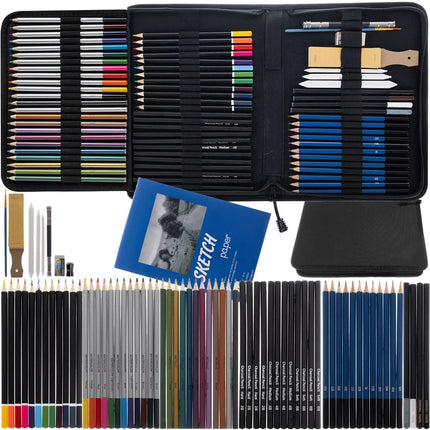 Tekenset 74-delig – Schetsset met Tekenpotloden, Houtskool & Aquarelpotloden – Met Etui