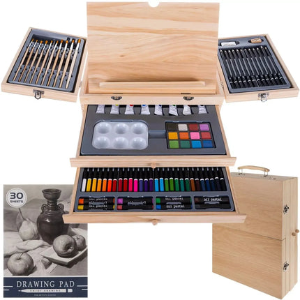 Tekenset & Schilderset 83-delig – Houten Tekenkoffer met Schildersezel – Potloden, Verf, Penselen & Pastelkrijt
