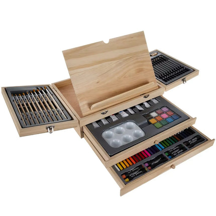 Tekenset & Schilderset 83-delig – Houten Tekenkoffer met Schildersezel – Potloden, Verf, Penselen & Pastelkrijt
