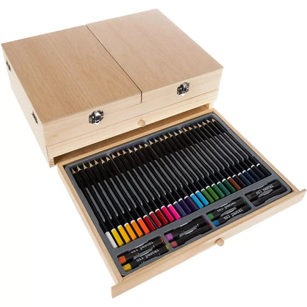Tekenset & Schilderset 83-delig – Houten Tekenkoffer met Schildersezel – Potloden, Verf, Penselen & Pastelkrijt