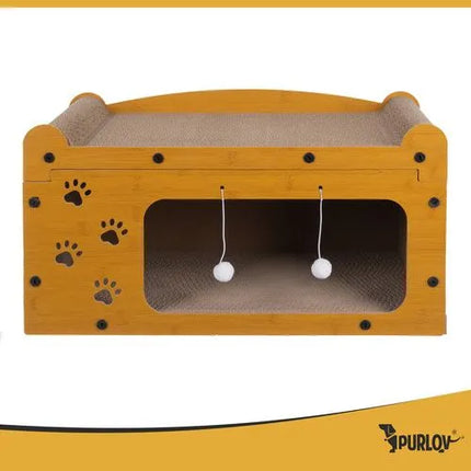 Kartonnen krabpaal Kat met Huisje – 3-in-1 Krabmeubel met Ligplek & Speelballetjes