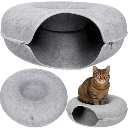 Kattenmand met Tunnel 51 cm – Donut Kattenbed van Natuurlijk Vilt – Grijs