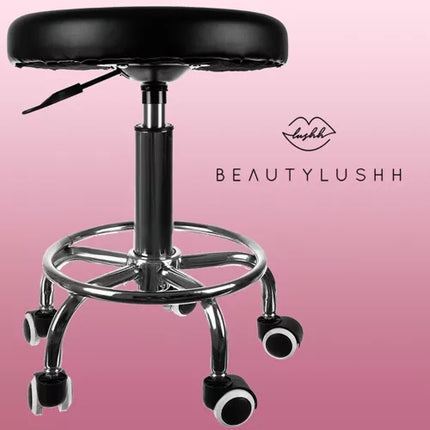 Beautylushh Kapperskruk op Wielen – Zwarte Zadelkruk met Extra Beensteunwiel - In Hoogte Verstelbare Ergonomische Salon Draaikruk met Rubber Wielen