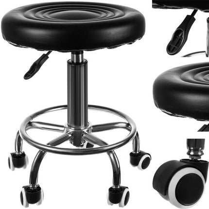 Beautylushh Kapperskruk op Wielen – Zwarte Zadelkruk met Extra Beensteunwiel - In Hoogte Verstelbare Ergonomische Salon Draaikruk met Rubber Wielen