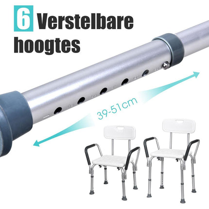 Trendmix Aluminium Douchestoel In 6 Hoogtes Verstelbaar Met Rugleuning - Tot 150 kg Belasting - Antislip - Gevoerde Armleuningen - 59 x 46 x 73-85 cm