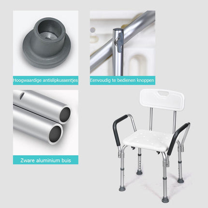 Trendmix Aluminium Douchestoel In 6 Hoogtes Verstelbaar Met Rugleuning - Tot 150 kg Belasting - Antislip - Gevoerde Armleuningen - 59 x 46 x 73-85 cm