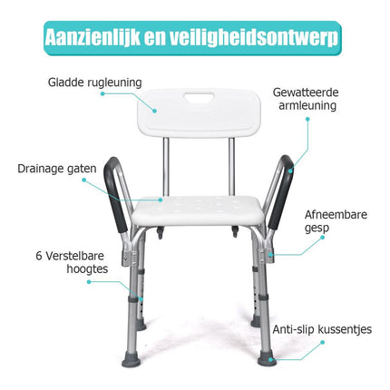 Trendmix Aluminium Douchestoel In 6 Hoogtes Verstelbaar Met Rugleuning - Tot 150 kg Belasting - Antislip - Gevoerde Armleuningen - 59 x 46 x 73-85 cm