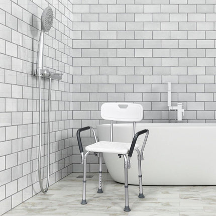 Trendmix Aluminium Douchestoel In 6 Hoogtes Verstelbaar Met Rugleuning - Tot 150 kg Belasting - Antislip - Gevoerde Armleuningen - 59 x 46 x 73-85 cm
