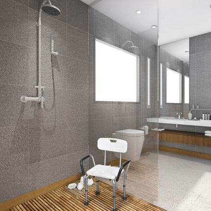 Trendmix Aluminium Douchestoel In 6 Hoogtes Verstelbaar Met Rugleuning - Tot 150 kg Belasting - Antislip - Gevoerde Armleuningen - 59 x 46 x 73-85 cm