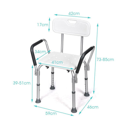 Trendmix Aluminium Douchestoel In 6 Hoogtes Verstelbaar Met Rugleuning - Tot 150 kg Belasting - Antislip - Gevoerde Armleuningen - 59 x 46 x 73-85 cm