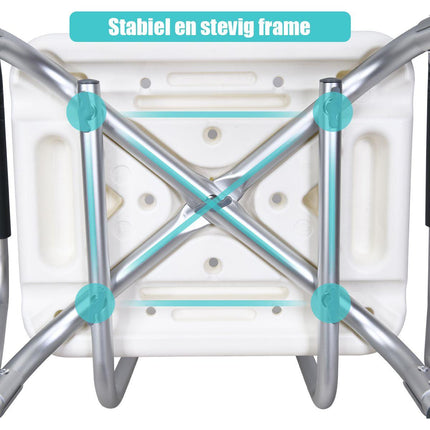 Trendmix Aluminium Douchestoel In 6 Hoogtes Verstelbaar Met Rugleuning - Tot 150 kg Belasting - Antislip - Gevoerde Armleuningen - 59 x 46 x 73-85 cm