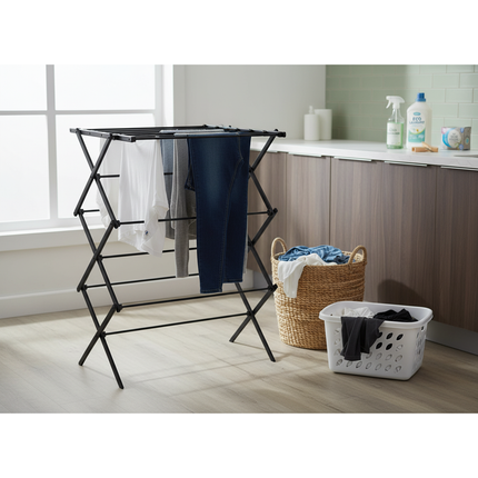 Droogrek – Opvouwbaar en inklapbaar – 10 m² droogruimte – Staal – Zwart – Ruimtebesparend wasrek voor binnen en balkon