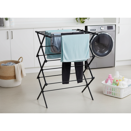 Droogrek – Opvouwbaar en inklapbaar – 10 m² droogruimte – Staal – Zwart – Ruimtebesparend wasrek voor binnen en balkon
