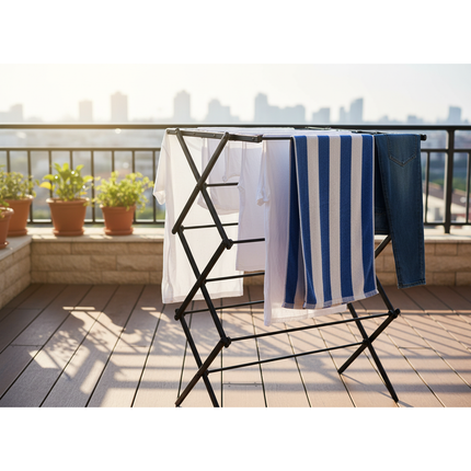 Droogrek – Opvouwbaar en inklapbaar – 10 m² droogruimte – Staal – Zwart – Ruimtebesparend wasrek voor binnen en balkon