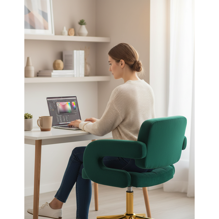 4Rico Moderne Fluwelen Bureaustoel – Groen – Elegante salonstoel – Hoogte verstelbaar – Met gouden onderstel
