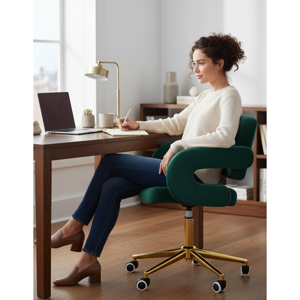 4Rico Moderne Fluwelen Bureaustoel – Groen – Elegante salonstoel – Hoogte verstelbaar – Met gouden onderstel