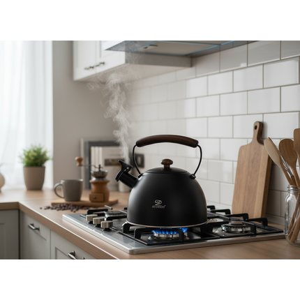 Meyerhoff Fluitketel 2,5 L – RVS Mat Zwart – Houten Handgreep – Fluitketel voor alle warmtebronnen