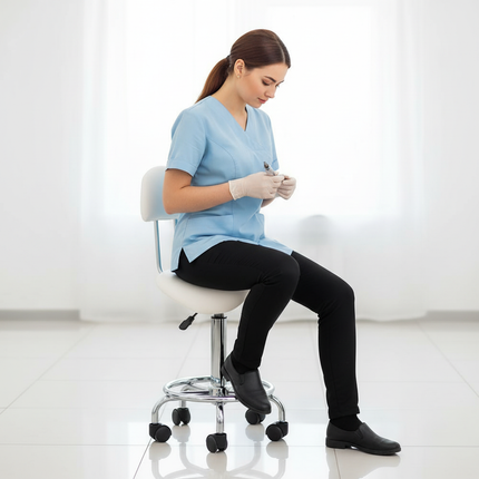 Ergonomische Cosmetische Zadelkruk – Met Rugleuning – Verstelbaar 49–62 cm – Wit Ecoleer – Zilverkleurig Onderstel – Kapperskruk / Werkstoel