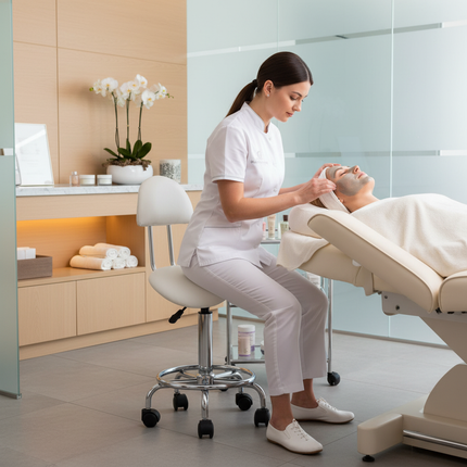 Ergonomische Cosmetische Zadelkruk – Met Rugleuning – Verstelbaar 49–62 cm – Wit Ecoleer – Zilverkleurig Onderstel – Kapperskruk / Werkstoel