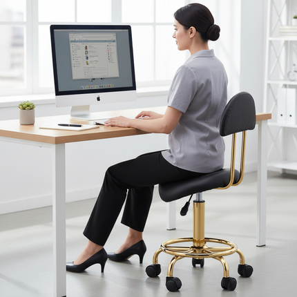 Ergonomische Cosmetische Zadelkruk – Met Rugleuning – Verstelbaar (49–62 cm) – Zwart Ecoleer – Gouden Onderstel – Kapperskruk / Werkstoel