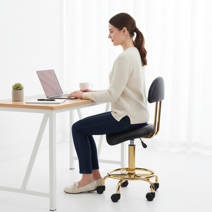 Ergonomische Cosmetische Zadelkruk – Met Rugleuning – Verstelbaar (49–62 cm) – Zwart Ecoleer – Gouden Onderstel – Kapperskruk / Werkstoel
