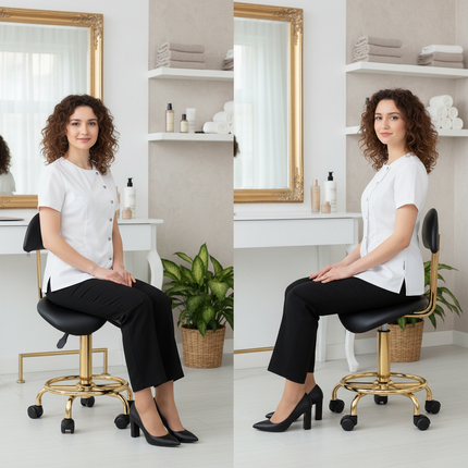 Ergonomische Cosmetische Zadelkruk – Met Rugleuning – Verstelbaar (49–62 cm) – Zwart Ecoleer – Gouden Onderstel – Kapperskruk / Werkstoel