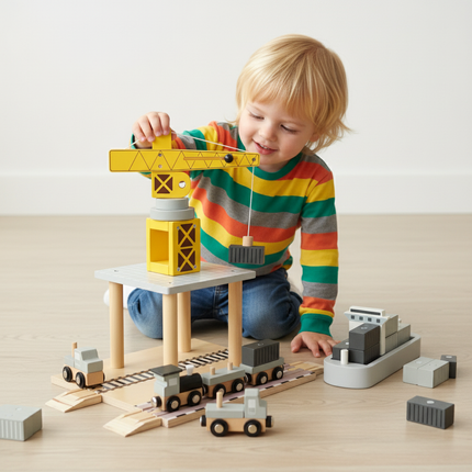 Houten Zeehavenkraan met Autoschip – Haven Speelset met Kraan, Containers & Trein – Educatief Speelgoed 3+