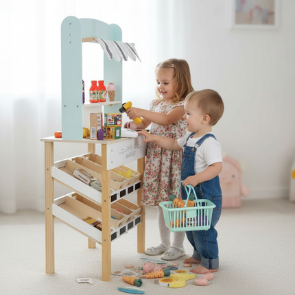 LULILO Melo Houten Marktkraam met Kassa – Speelgoedwinkel met Scanner, Geld & Producten – Educatief Rollenspel – 3+ Jaar