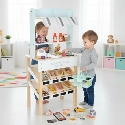 LULILO Melo Houten Marktkraam met Kassa – Speelgoedwinkel met Scanner, Geld & Producten – Educatief Rollenspel – 3+ Jaar