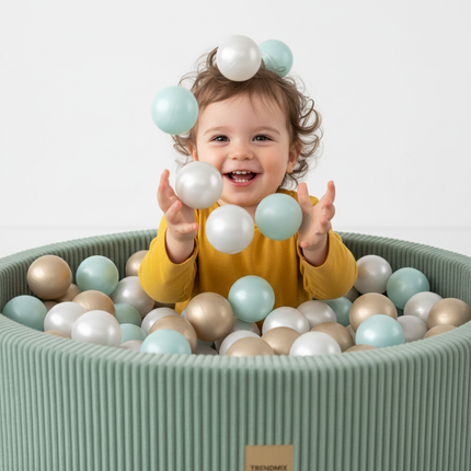 Trendmix Luxe Ronde Ballenbak – 90x30 cm – Groen Corduroy – Inclusief 200 Ballen (Parelmoer, Mint & Goud)