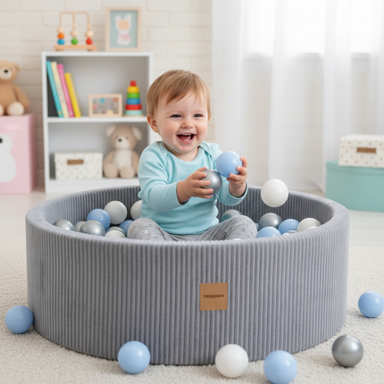 Trendmix Luxe Ronde Ballenbak 90x30 cm – Corduroy – Lichtgrijs – 200 Ballen in Parelmoer, Lichtblauw en Zilver