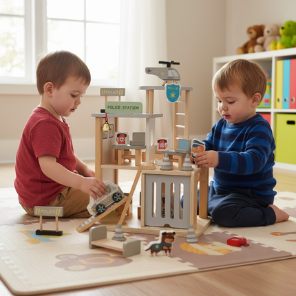 Houten Politiebureau met Auto en Helikopter – Educatief Montessori Speelgoed – Duurzame Speelset met 3 Verdiepingen
