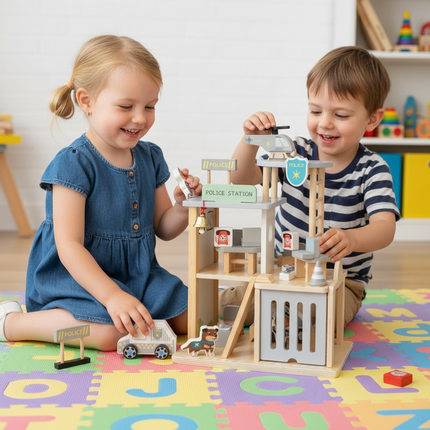 Houten Politiebureau met Auto en Helikopter – Educatief Montessori Speelgoed – Duurzame Speelset met 3 Verdiepingen