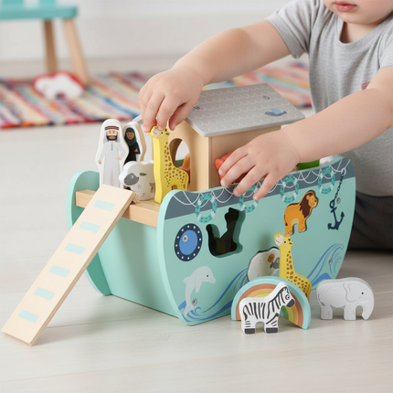 LULILO Houten Ark van Noach Sorteerboot – Montessori Educatief Speelgoed – 20-delige Dierenset – Vormensorteerder vanaf 1 Jaar