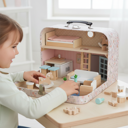Poppenhuis in Koffer met Houten Meubels – Mini Draagbaar Poppenhuis met Accessoires – Creatief Speelgoed vanaf 3 Jaar