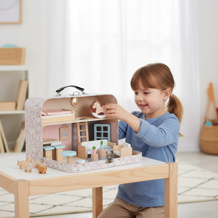 Poppenhuis in Koffer met Houten Meubels – Mini Draagbaar Poppenhuis met Accessoires – Creatief Speelgoed vanaf 3 Jaar