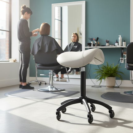 Gabbiano Kapperskruk Grijs/Beige D032 – Ergonomische Zadelkruk met Gasveer – Professionele Werkstoel met Wielen