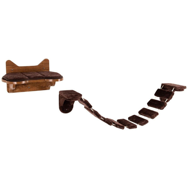 Trendmix Katten Klimmuur Met Bed en Loopbrug – Wandmontage – Duurzaam Hout – Voor Klimmen, Rusten en Spelen – Bruin