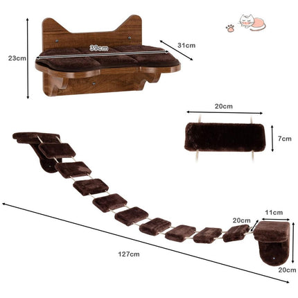 Trendmix Katten Klimmuur Met Bed en Loopbrug – Wandmontage – Duurzaam Hout – Voor Klimmen, Rusten en Spelen – Bruin