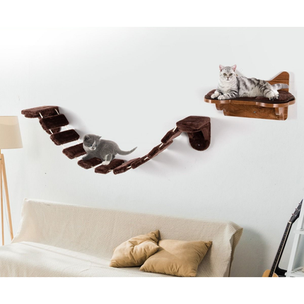 Trendmix Katten Klimmuur Met Bed en Loopbrug – Wandmontage – Duurzaam Hout – Voor Klimmen, Rusten en Spelen – Bruin