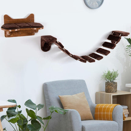 Trendmix Katten Klimmuur Met Bed en Loopbrug – Wandmontage – Duurzaam Hout – Voor Klimmen, Rusten en Spelen – Bruin
