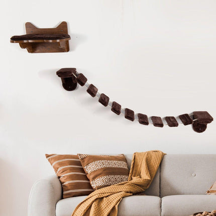 Trendmix Katten Klimmuur Met Bed en Loopbrug – Wandmontage – Duurzaam Hout – Voor Klimmen, Rusten en Spelen – Bruin