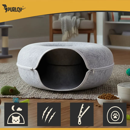 Kattenmand met Tunnel 51 cm – Donut Kattenbed van Natuurlijk Vilt – Grijs