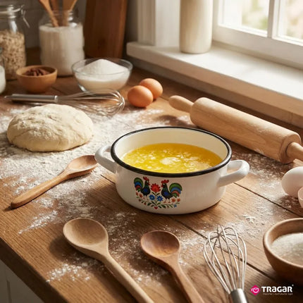 Emaille Kookpan 12 cm 0,6 Liter – Wit met Folk Haanmotief – Geëmailleerde Pan met Twee Handgrepen