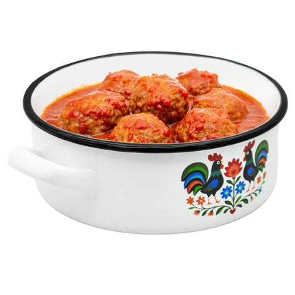 Emaille Kookpan 12 cm 0,6 Liter – Wit met Folk Haanmotief – Geëmailleerde Pan met Twee Handgrepen