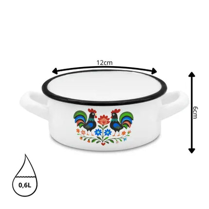 Emaille Kookpan 12 cm 0,6 Liter – Wit met Folk Haanmotief – Geëmailleerde Pan met Twee Handgrepen