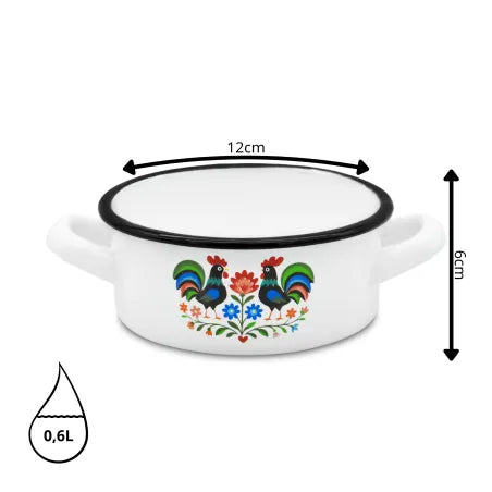 Emaille Kookpan 12 cm 0,6 Liter – Wit met Folk Haanmotief – Geëmailleerde Pan met Twee Handgrepen